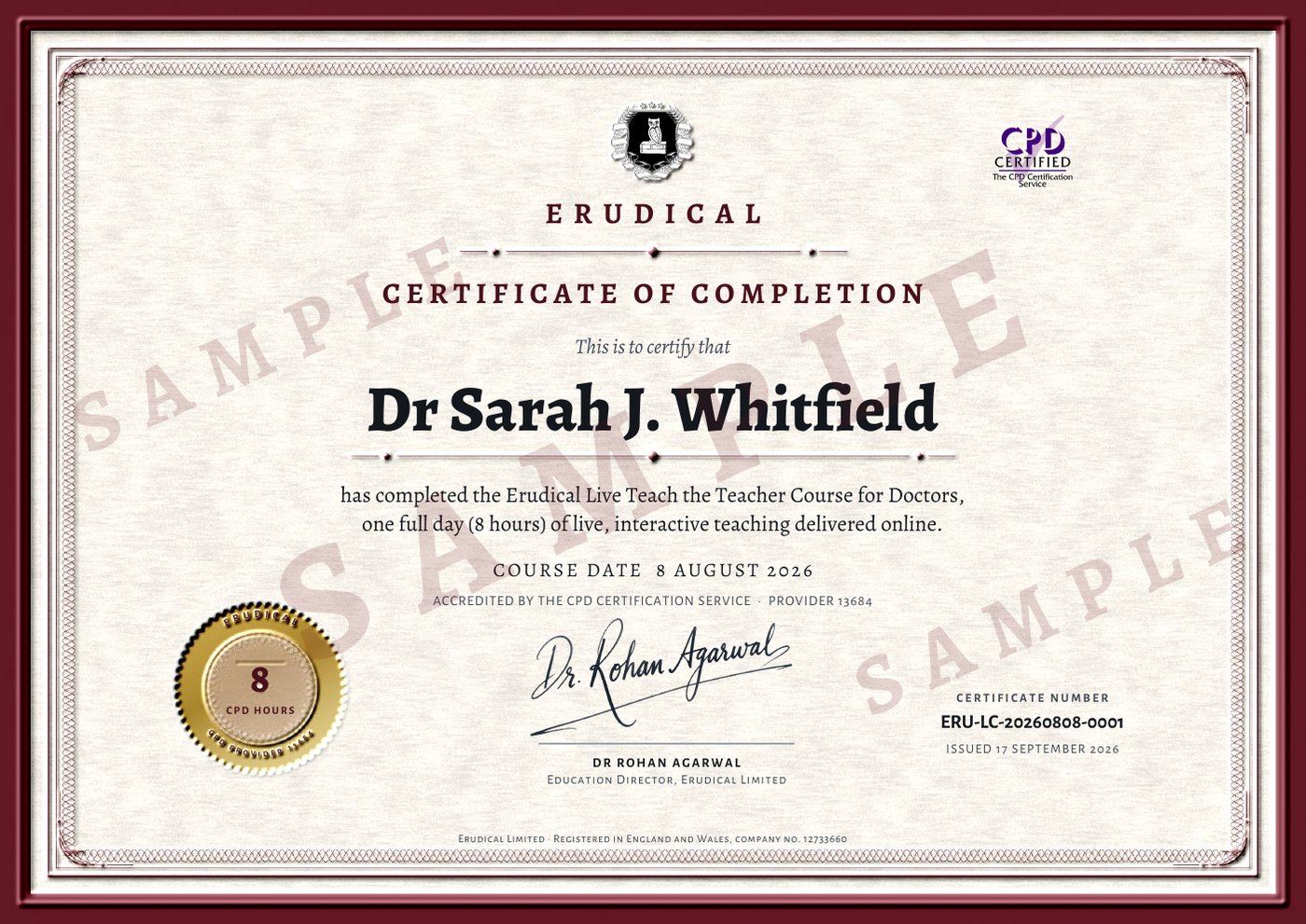 Sample Erudical Live Teach the Teacher Course certificate showing the recipient name, course date, 8 CPD hours, CPD Certification Service accreditation, certificate number and signature