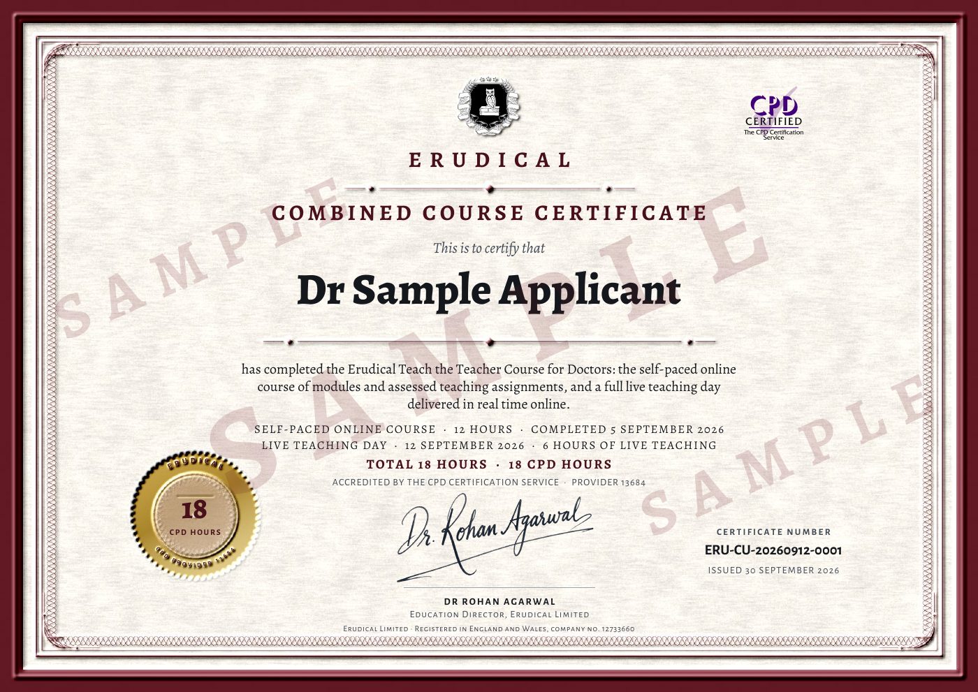 Sample Erudical combined course certificate: self-paced course 12 hours plus live teaching day 6 hours, 18 hours and 18 CPD hours in total