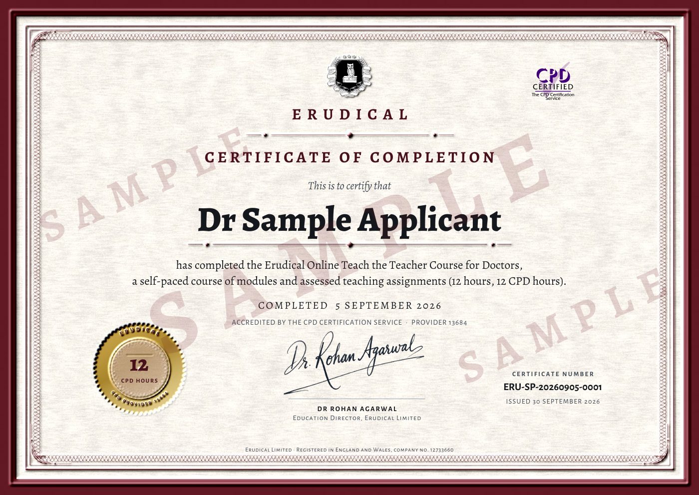 Sample Erudical self-paced course certificate stating 12 hours and 12 CPD hours, accredited by The CPD Certification Service