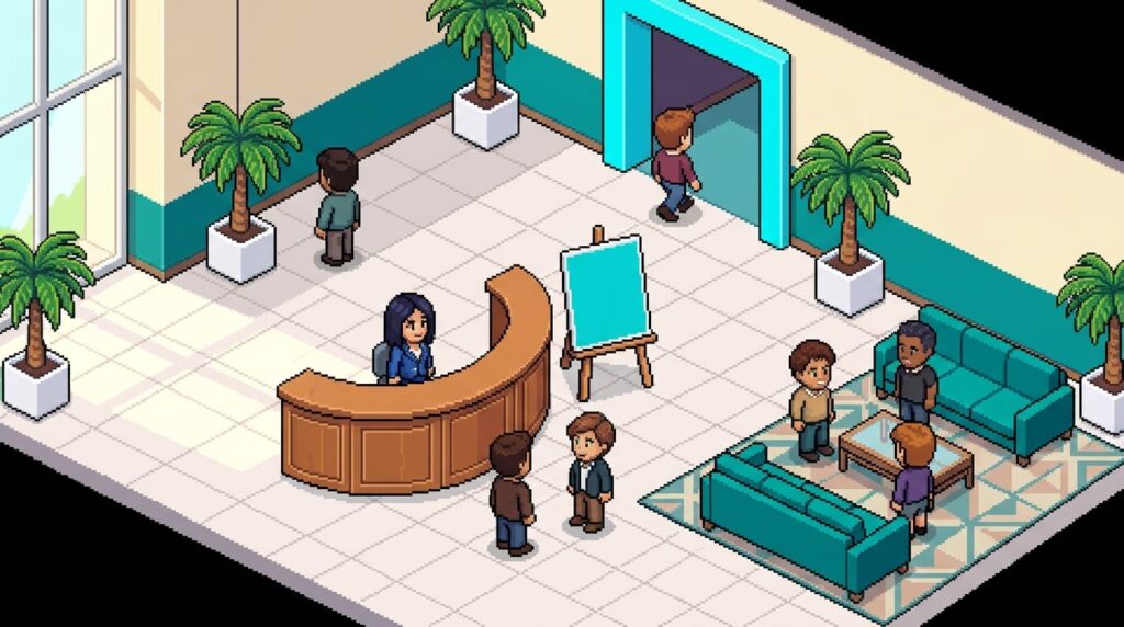 The lobby and registration desk of the NMERC venue in Gather Town